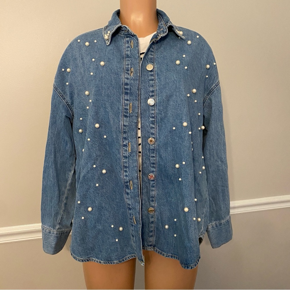 Zara Blue Denim Jean Jacket with Pearl Embellishments